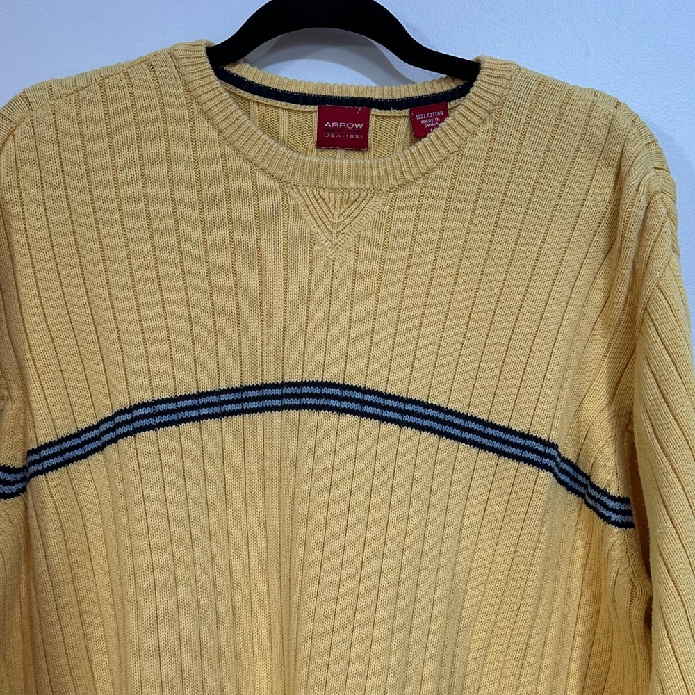 Vintage Arrow USA 1851 Yellow Ribbed Cotton Crewneck Chest Stripe Men’s L
